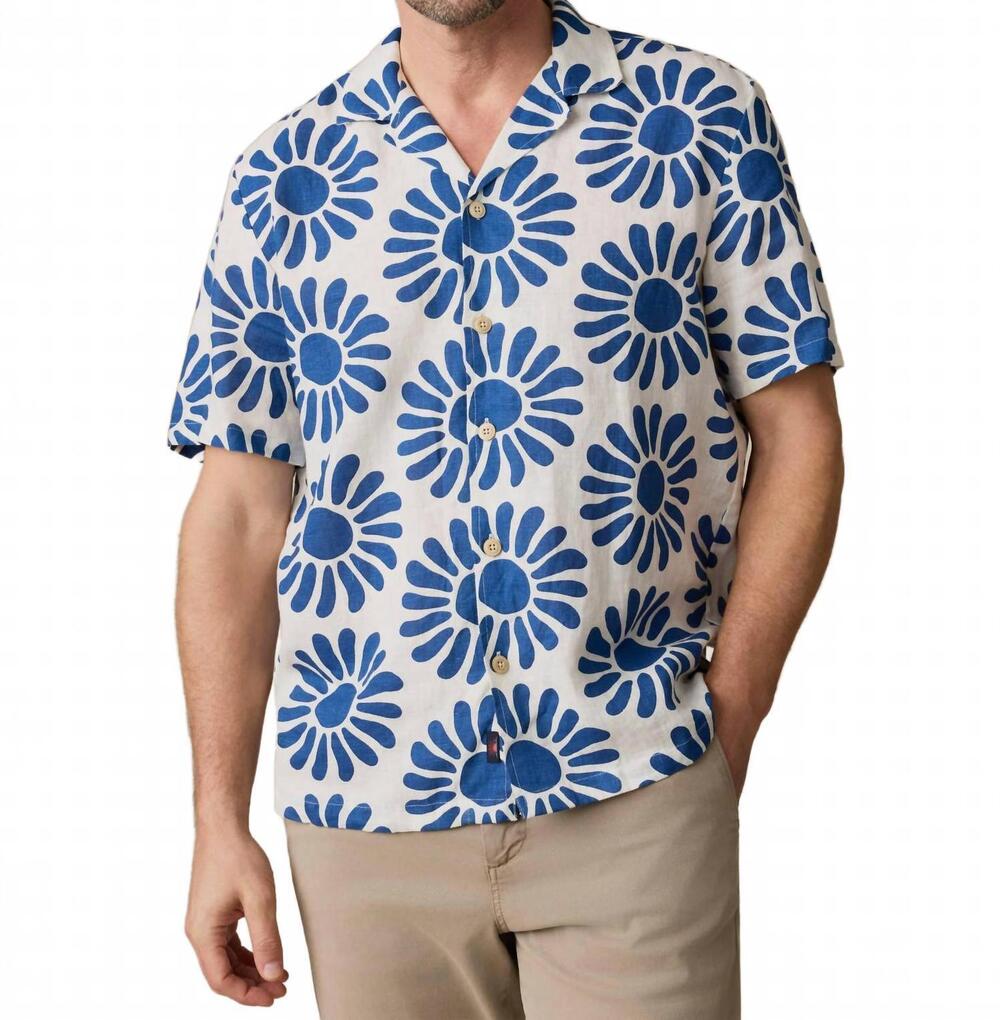 NEW FAHERTY short-sleeve linen camp shirt in antilles blue suns